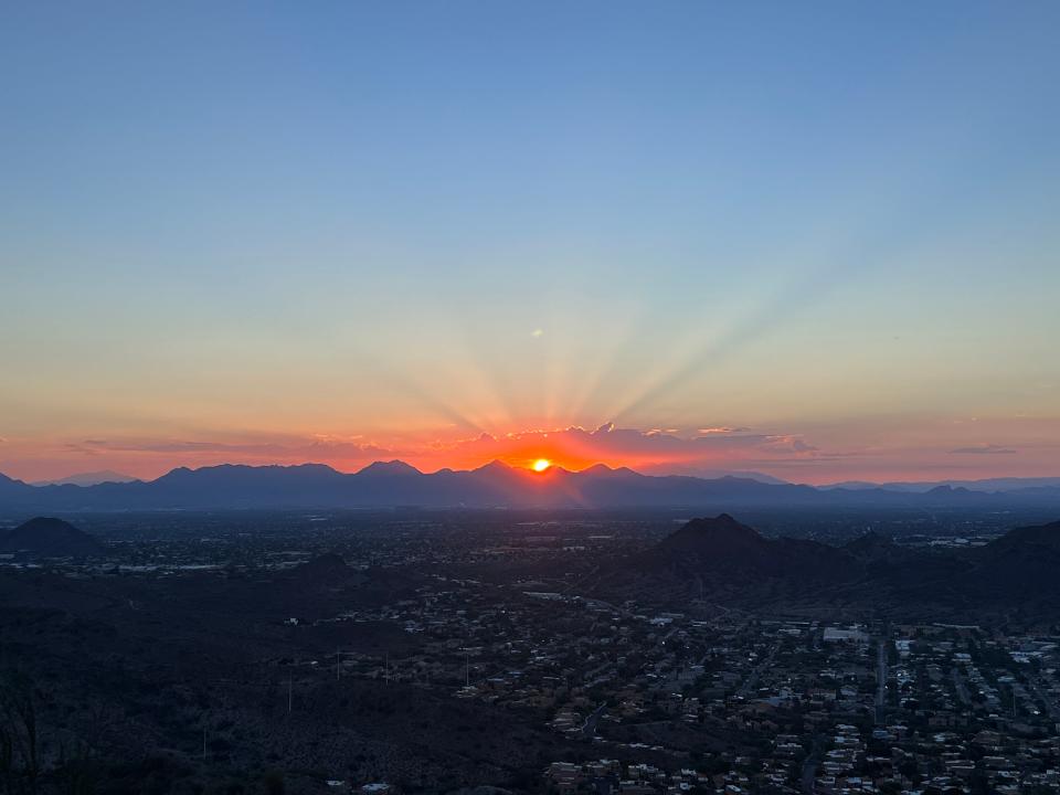 A view of the sunrise from the top of the National Trail (Trail 44) at North Mountain Park in North Phoenix.