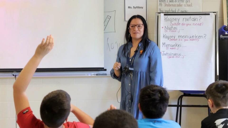 Noreen Sylliboy is shown teaching Mi'kmaw phrases, days of the week and seasons to a Grade 5 class at Truro Middle School in Truro, N.S.  (Brian MacKay/CBC - image credit)
