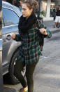 Jessica Alba paired green tartan with black jeans and a snood