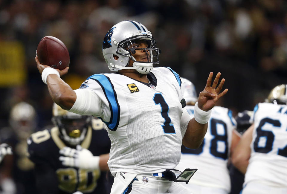 Carolina Panthers quarterback Cam Newton (1) passes in the first half of an NFL football game against the New Orleans Saints in New Orleans, Sunday, Jan. 7, 2018. (AP)