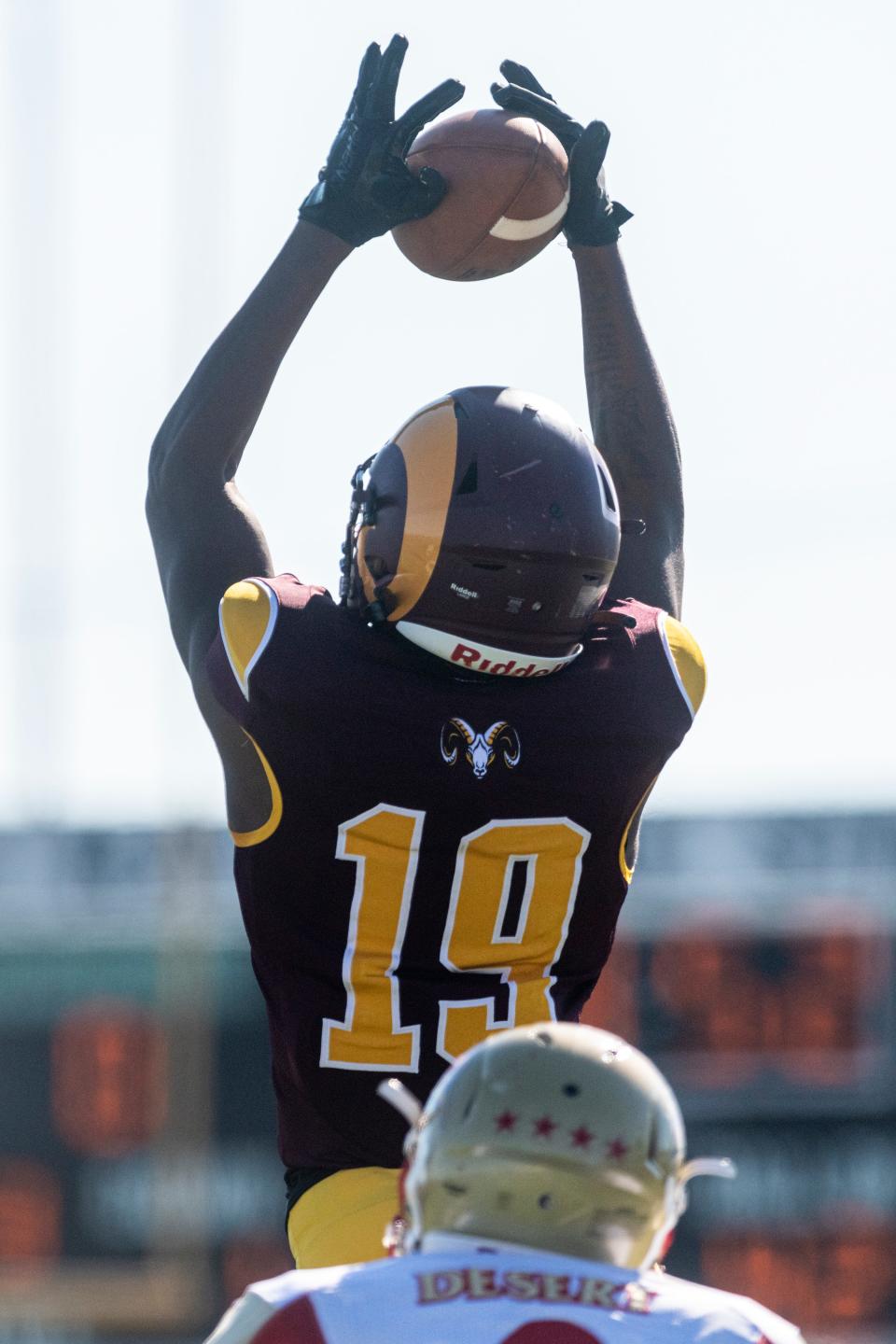 Victor Valley College's Omari McCullough pulls in a pass which he ran in for a touchdown against College of the Desert on Saturday, Nov. 12, 2022.