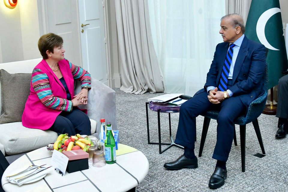 Prime Minister Shahbaz Sharif, right, meets with International Monetary Fund's Managing Director Kristalina Georgieva in Paris, France, on June 22, hoping to unlock a $6 billion bailout and gain the release of a critical tranche of $1.1 billion in loans which has been on hold since November.<span class="copyright">Prime Minister Office/AP</span>