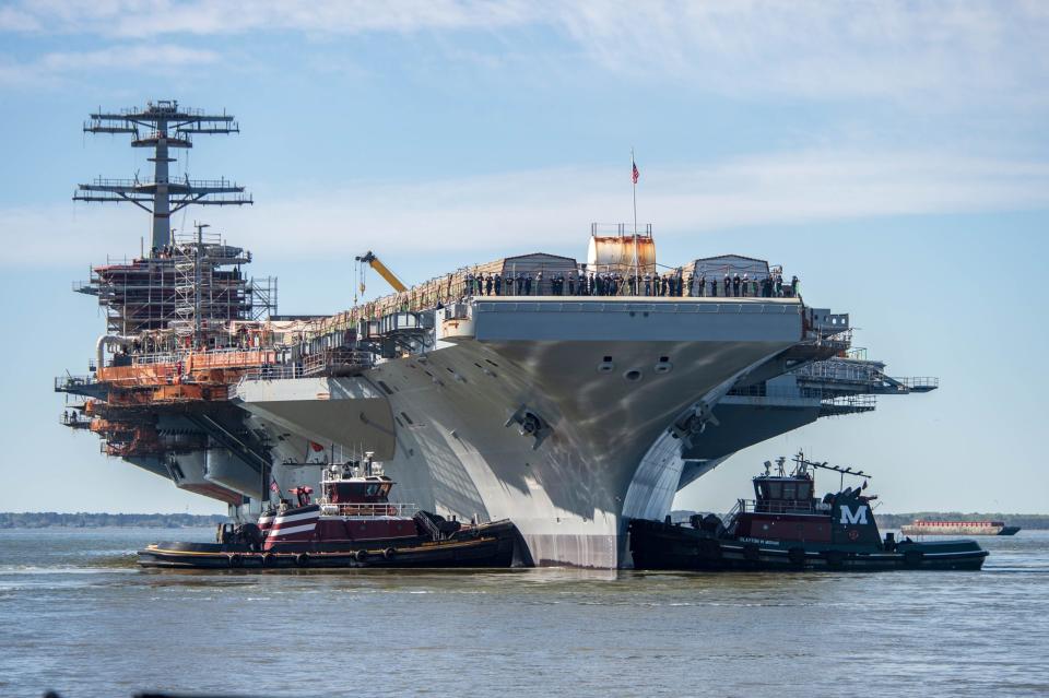 The Nimitz-class aircraft carrier USS John C. Stennis (CVN 74) is moved to an outfitting berth at Newport News Shipbuilding in Newport News, Virginia, April 8, 2024. - Copyright: US Navy photo by Mass Communication Specialist 2nd Class Simon Pike