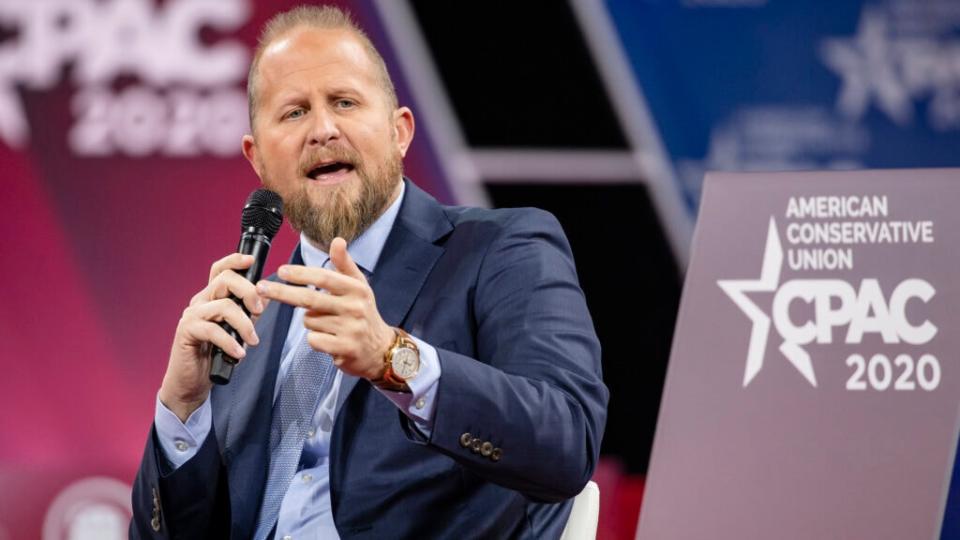 Brad Parscale, campaign manager for Trump’s 2020 reelection campaign, speaks on stage with Laura Trump, President Donald Trumps daughter in-law and member of his 2020 reelection campaign, during the Conservative Political Action Conference 2020 (CPAC) hosted by the American Conservative Union on February 28, 2020 in National Harbor, MD. (Photo by Samuel Corum/Getty Images)