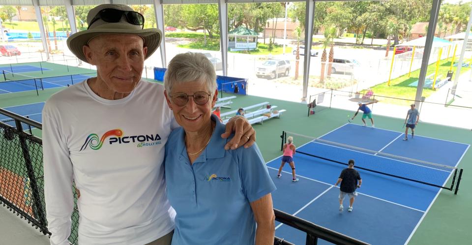 Pictona's founders and major financial backers Rainer and Julie Martens stand inside the covered courts area at the pickleball complex in Holly Hill on June 24, 2020, three weeks before opening day. The couple recently announced their decision to step aside from their respective roles in running the 49-court facility at the end of 2024. Rainer has been serving as CEO. Julie has been director of player shops and an "advisor to the CEO."