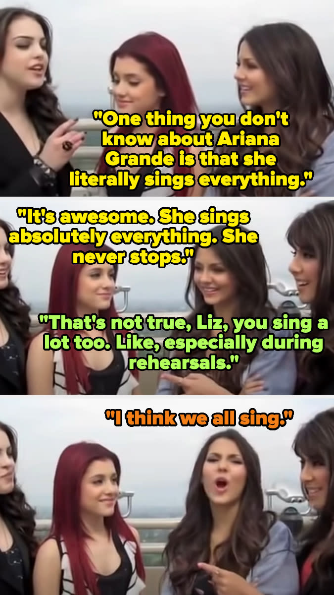 Four women joking about singing, possibly referencing Ariana Grande