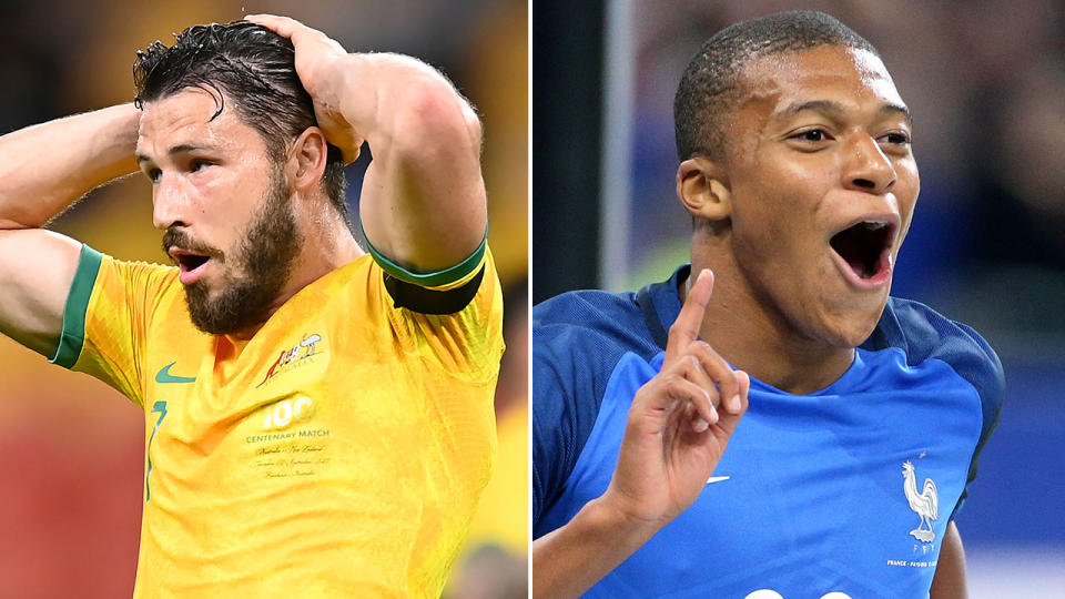 Pictured left is Socceroos star Matt Leckie and France striker Kylian Mbappe on the right.