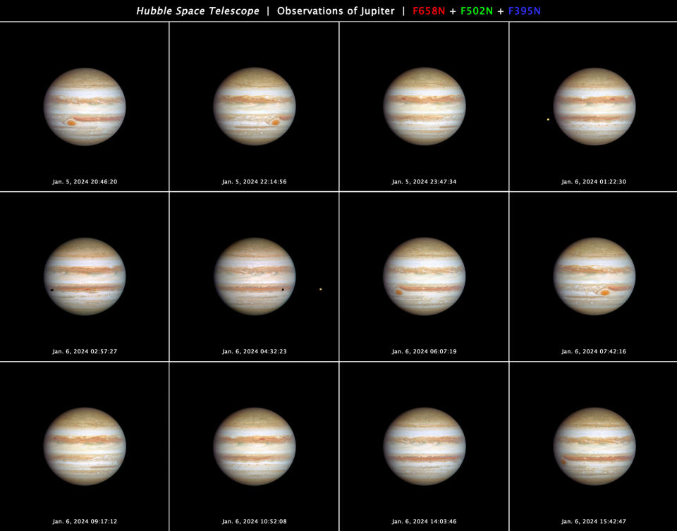 Während der gesamten Rotation des Planeten am 5. und 6. Januar 2024 wurden von Hubble 12 Ansichten von Jupiter aufgenommen. Oben in der Mitte befindet sich die Beschriftung 