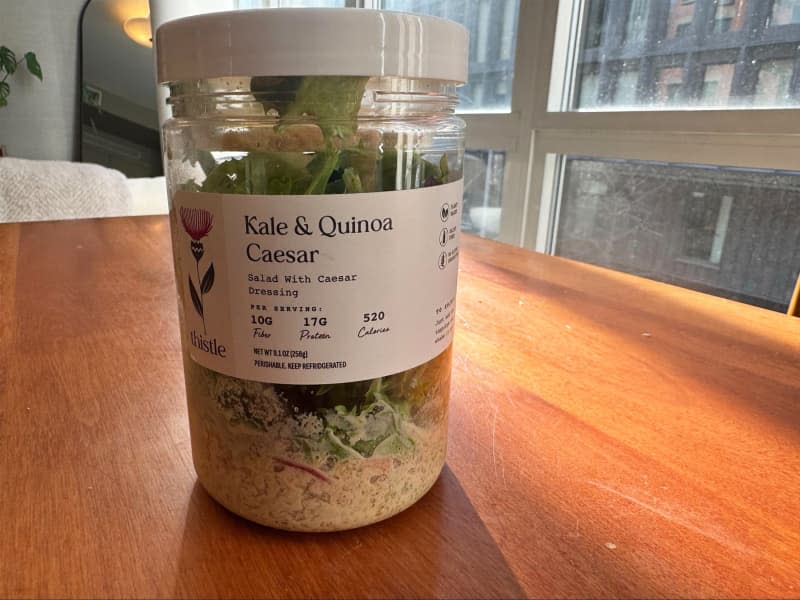 Kale & Quiona Caesar salad in a jar.
