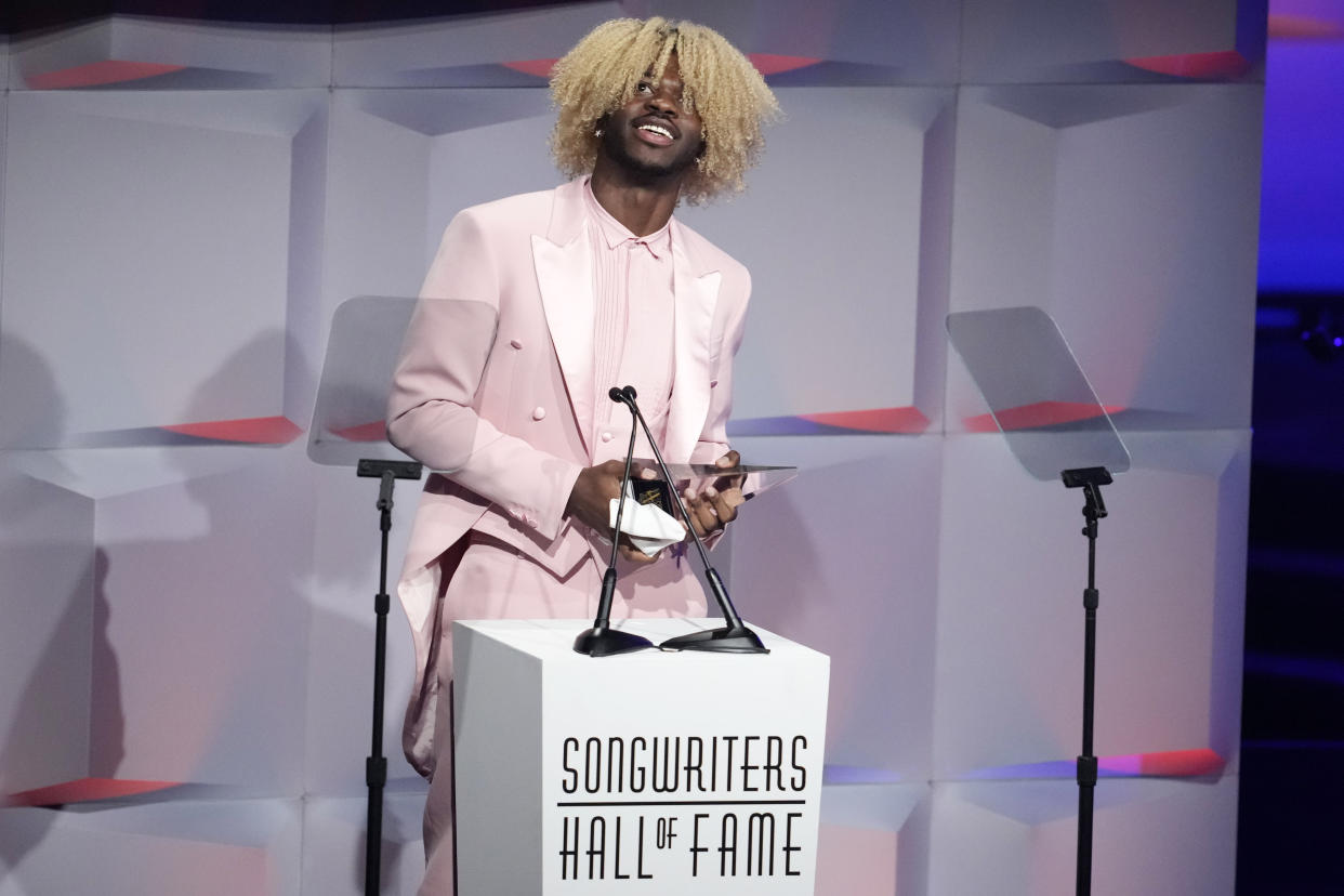 Honoree Lil Nas X speaks at the 51st annual Songwriters Hall of Fame induction and awards gala at the New York Marriott Marquis Hotel on Thursday, June 16, 2022, in New York. (Photo by Charles Sykes/Invision/AP)