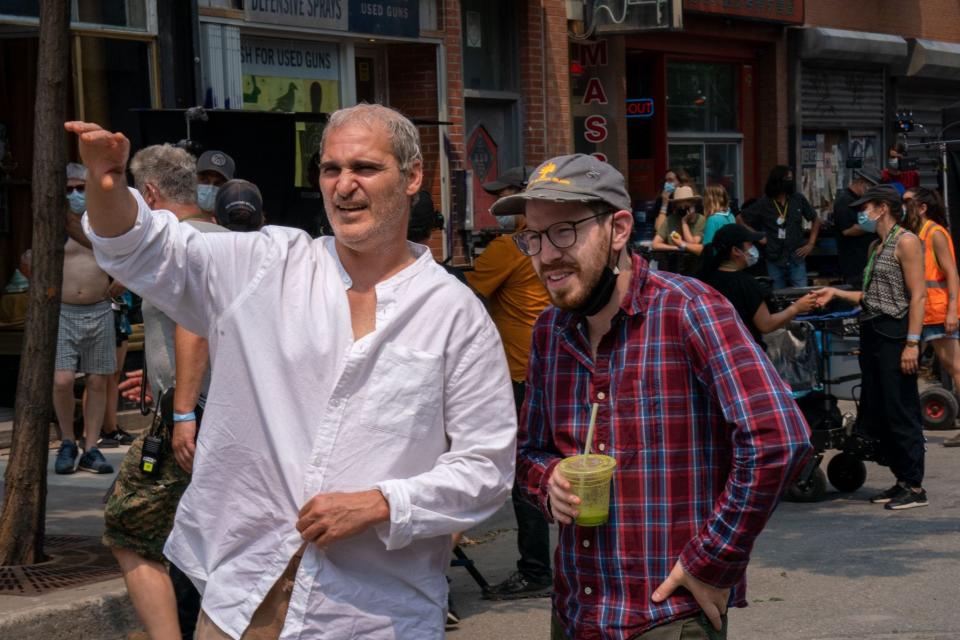 Joaquin Phoenix and director Ari Aster on the set of "Beau is Afraid."