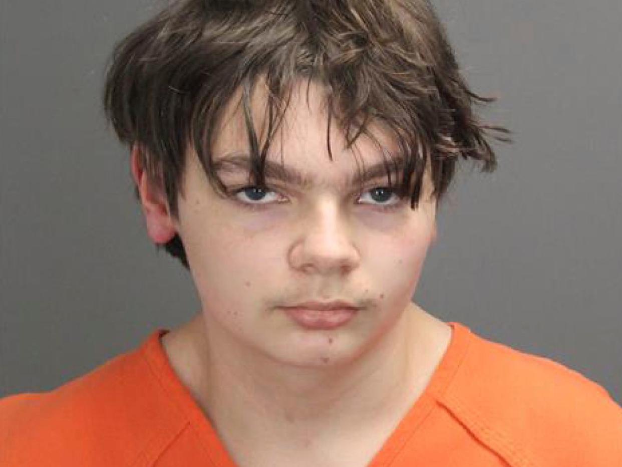 This booking photo released by the Oakland County, Mich., Sheriff's Office shows Ethan Crumbley, 15, who is charged as an adult with murder and terrorism for a shooting that killed four fellow students and injured more at Oxford High School in Oxford, Mich. 