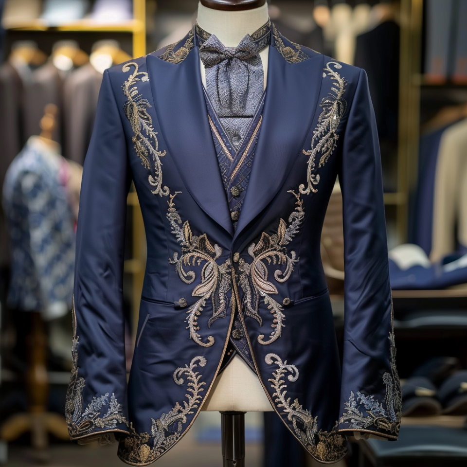 Elegant suit with detailed embroidery on display in a store