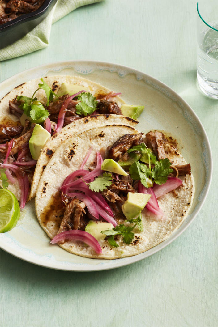 <p>Prepared in a slow-cooker, this flavorful pork pulls apart easily after a few hours of cooking.</p><p><strong><a rel="nofollow noopener" href="http://www.womansday.com/food-recipes/food-drinks/recipes/a58523/chili-pork-tacos-recipe/" target="_blank" data-ylk="slk:Get the recipe." class="link rapid-noclick-resp">Get the recipe.</a></strong></p>