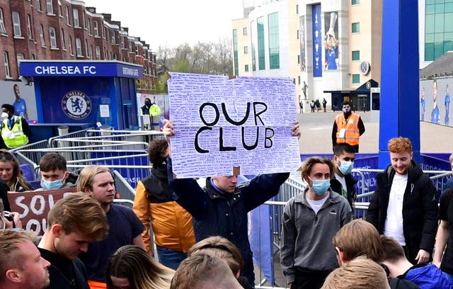 Fans protest against Chelsea’s involvement in the new European Super League outside Stamford Bridge