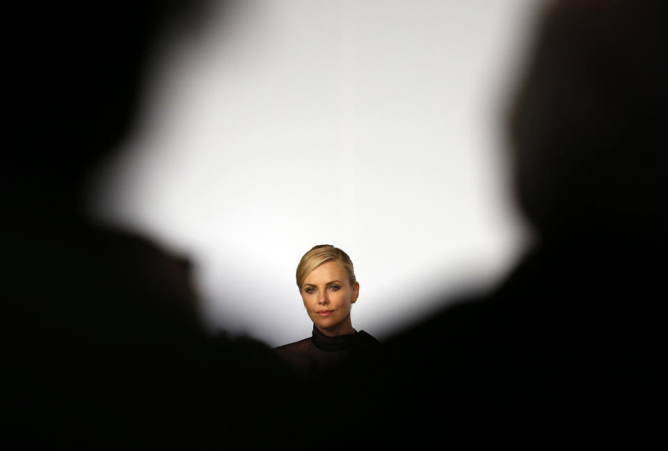 Cast member Charlize Theron attends a news conference for the film "Mad Max: Fury Road" out of competition at the 68th Cannes Film Festival in Cannes, southern France, May 14, 2015.          REUTERS/Eric Gaillard  TPX IMAGES OF THE DAY