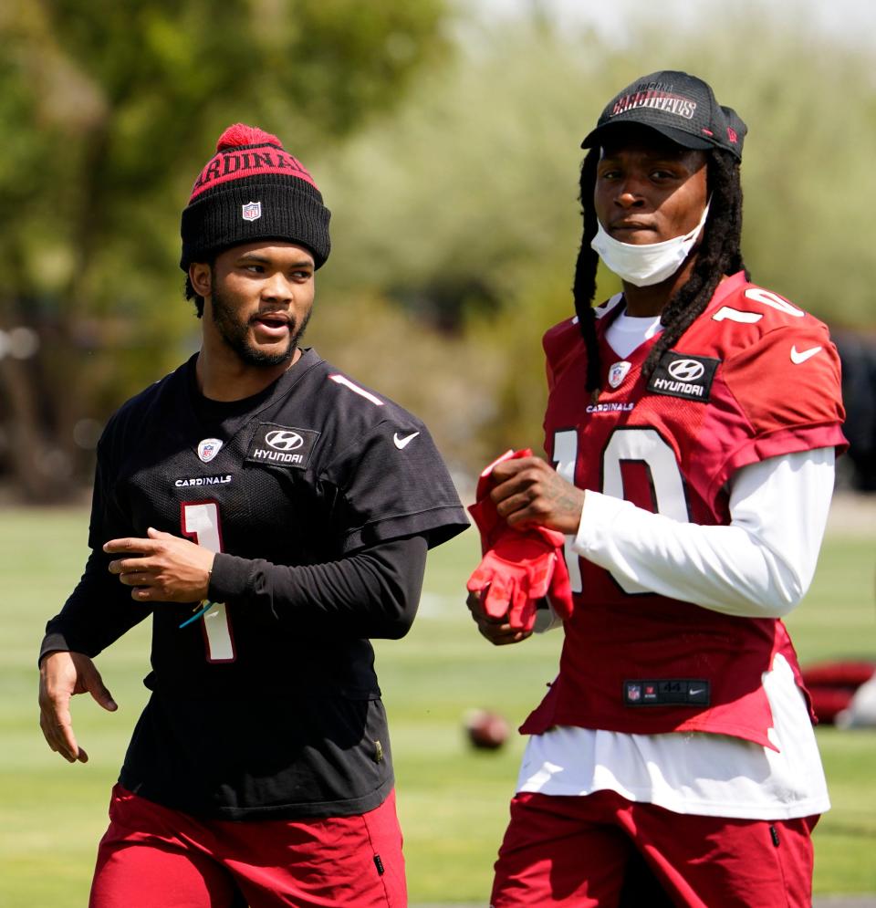 Quarterback Kyler Murray (1) and wide receiver DeAndre Hopkins (10) are the Arizona Cardinals' lone representatives on a recent Top NFL players of 2022 list.