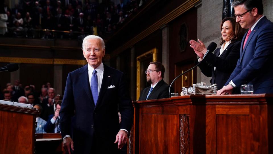 PHOTO: President Joe Biden looks on with Vice President Kamala Harris and House Speaker Mike Johnson, before delivering the State of the Union address to a joint session of Congress at the U.S. Capitol, on March 7, 2024, in Washington, D.C. (Shawn Thew, Pool via AP)