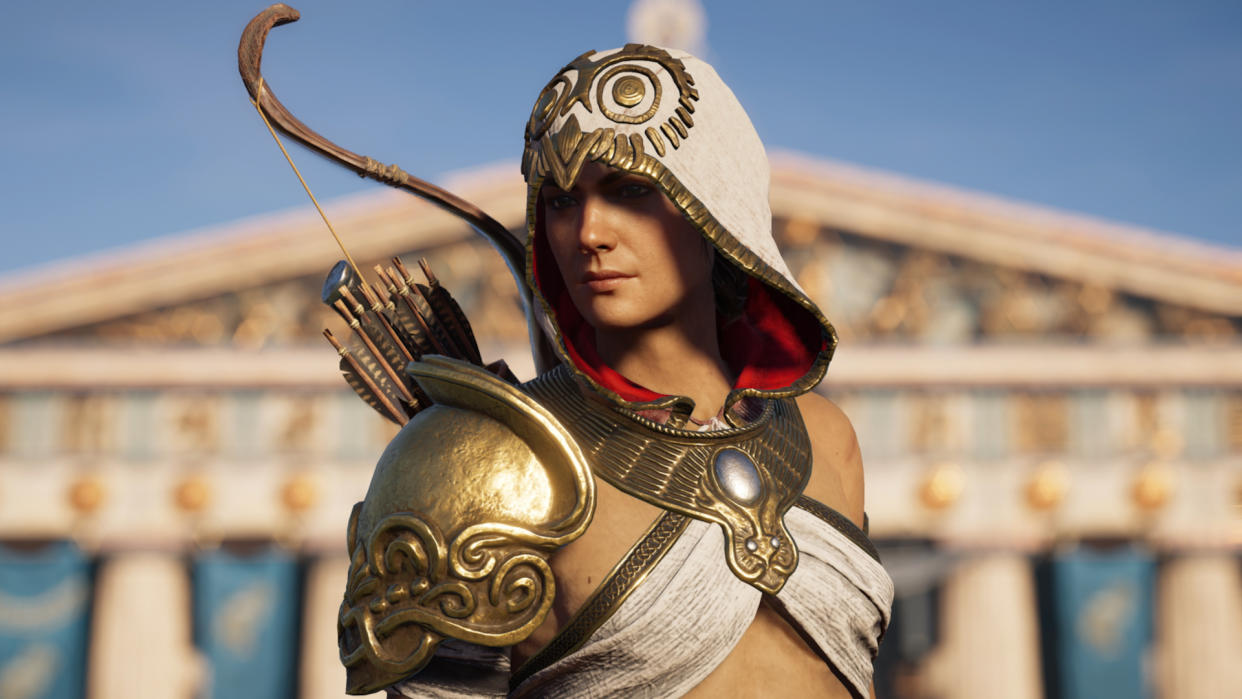  Kassandra standing in front of an Ancient Greek temple in Assassin's Creed Odyssey 