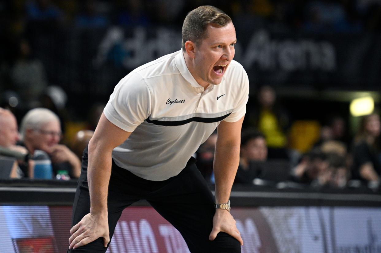 Iowa State coach T.J. Otzelberger calls out instructions during the Cyclones' Big 12 Conference game at UCF on March 2. Otzelberger never takes a seat during his team's games.