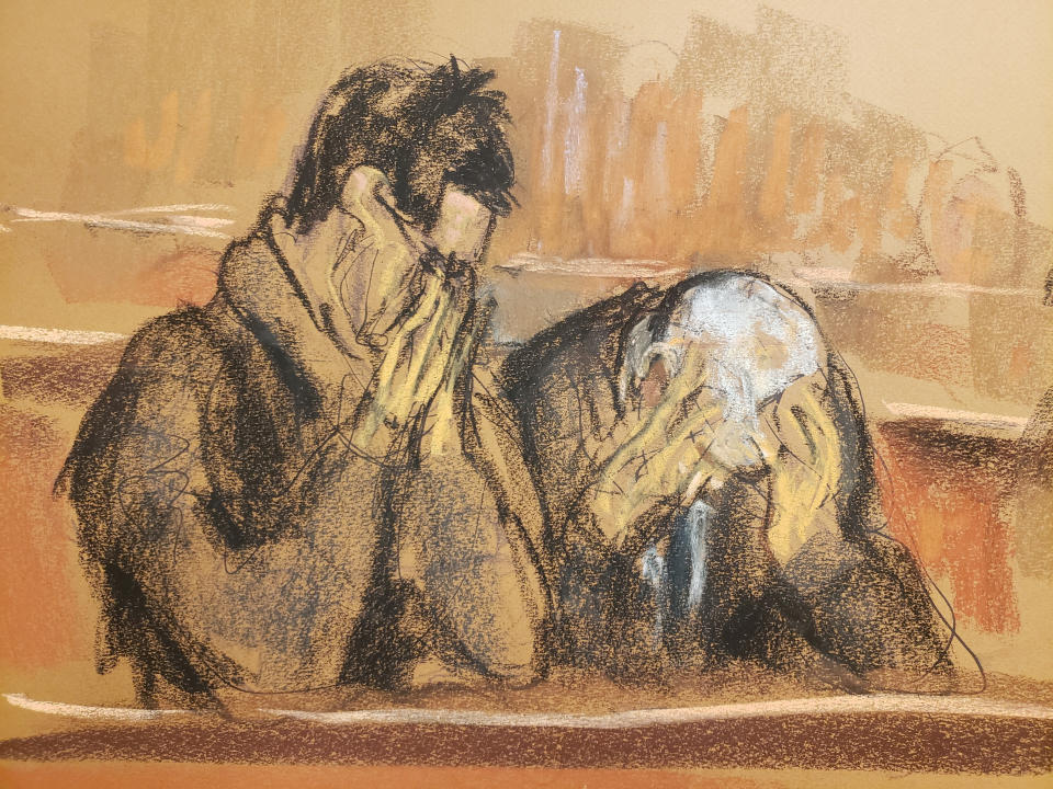 Barbara Fried and Joseph Bankman, parents of FTX founder Sam Bankman-Fried, react after the verdict was read in Bankman-Fried's fraud trial related to the collapse of the bankrupt cryptocurrency exchange in federal court in New York City, U.S., on November 2, 2023.  In this courtroom painting.  REUTERS/Jane Rosenberg