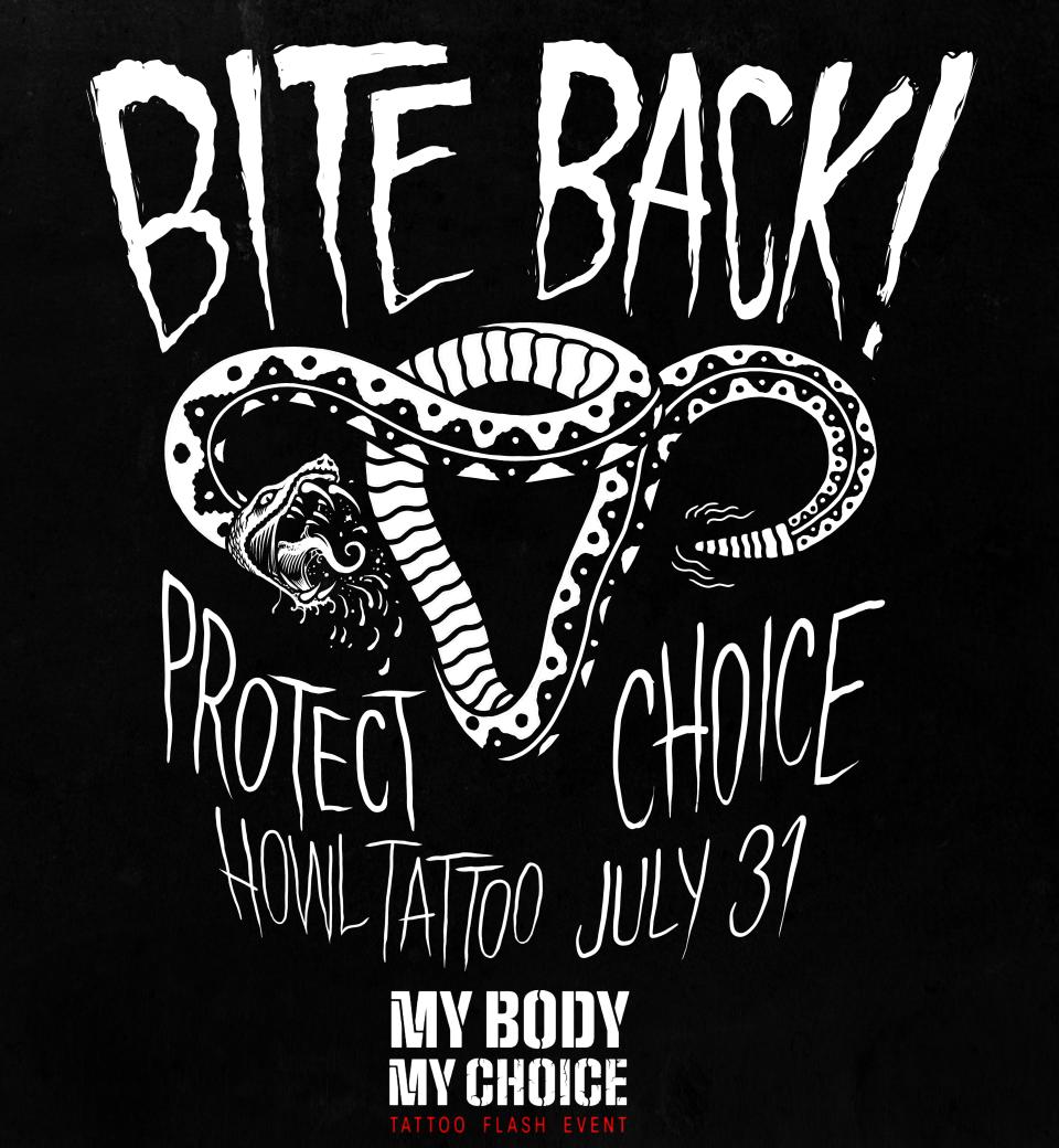 Andy Howl, co-owner of Fort Myers' HOWL tattoo shop, designed this T-shirt logo for Sunday's  “My Body My Choice Tattoo Flash Event." One hundred percent of flash-tattoo sales Sunday and 100-percent of T-shirt sales will go to the national event's designated charity, he says.