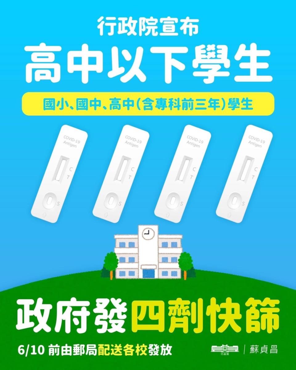 行政院宣布高中以下學生，政府將發4劑快篩。（圖／行政院）