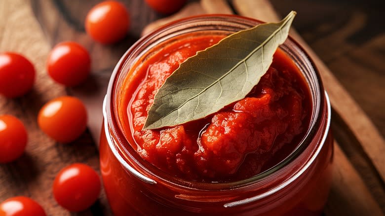jar homemade tomato sauce with bay leaf