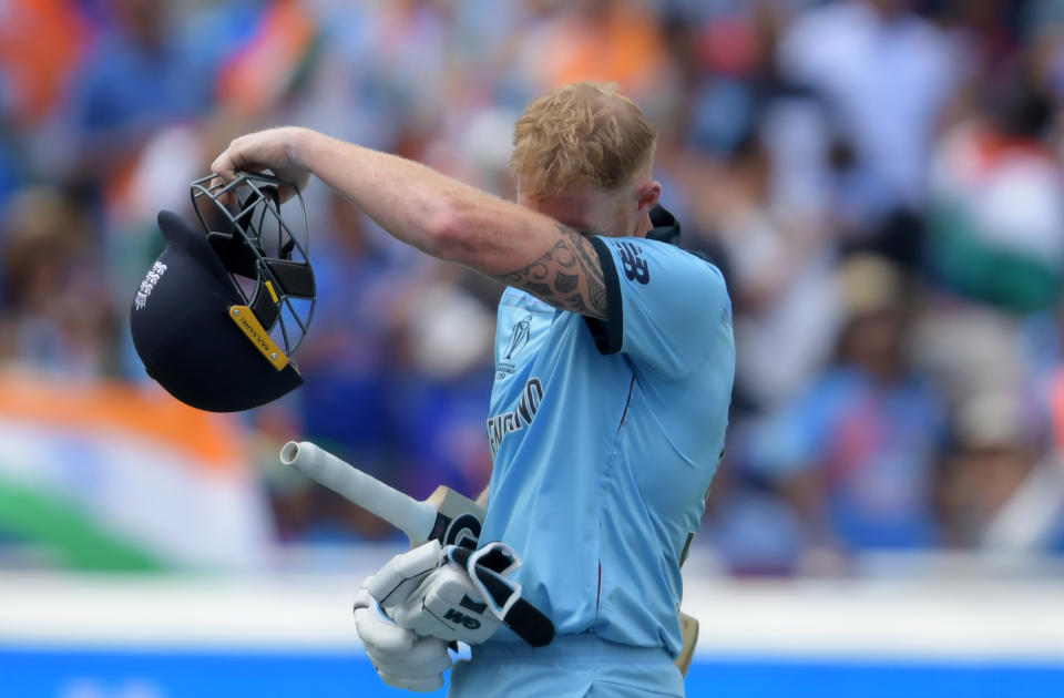 England's Ben Stokes walks back to the pavilion after his dismissal during the 2019 Cricket World Cup group stage match between England and India at Edgbaston in Birmingham, central England, on June 30, 2019. (Photo by Dibyangshu Sarkar / AFP) / RESTRICTED TO EDITORIAL USE        (Photo credit should read DIBYANGSHU SARKAR/AFP/Getty Images)