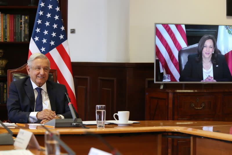 Mexican President Andres Manuel Lopez Obrador holds a virtual bilateral meeting with U.S. Vice President Kamala Harris, in Mexico City