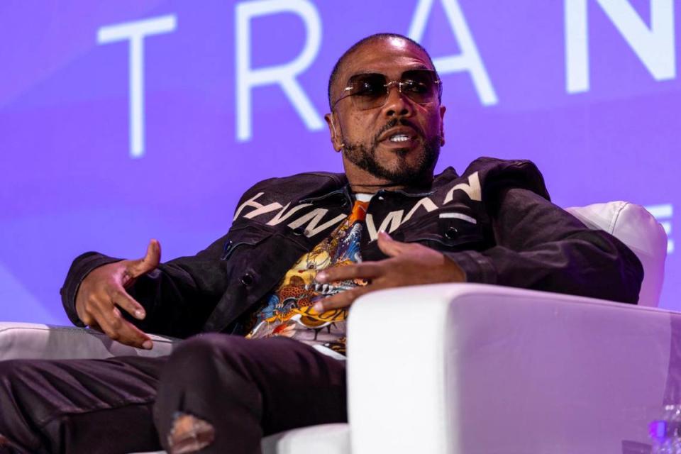 American record producer Timbaland speaks to Freddie Moross, founder of Myndstream, during a keynote conversation for the 2023 Global Wellness Summit at Hyatt Regency Miami in Miami, Florida, on Tuesday, November 7, 2023.