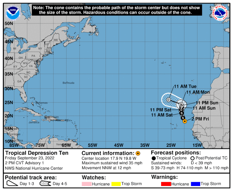 Imagen de la formación de la depresión tropical Tent el 23 de septiembre. NOAA