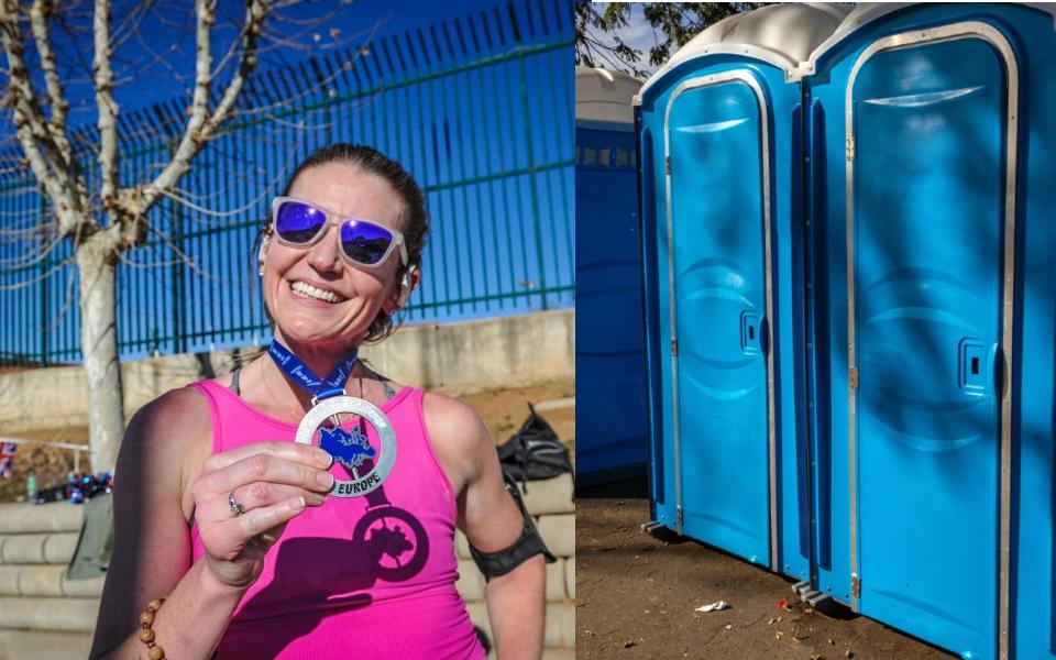 A composite picture of Deirdre Keane with her medal in Madrid next to an image of a row of blue porta-potties.
