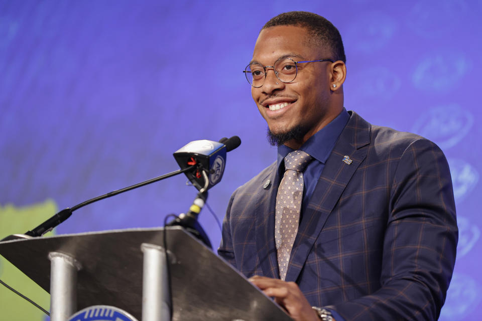 Pittsburgh linebacker SirVocea Dennis answers a question at the NCAA college football Atlantic Coast Conference Media Days in Charlotte, N.C., Thursday, July 21, 2022. (AP Photo/Nell Redmond)