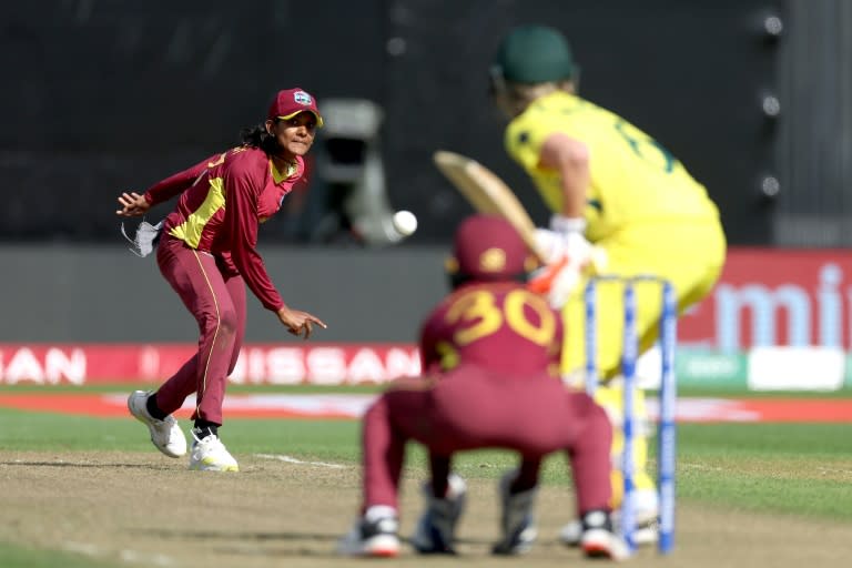 Karishma Ramharack (L), pictured here in action during the Women's Cricket World Cup semi-final in 2022, took four wickets for the West Indies as they beat Bangladesh in the Women's T20 World Cup in Sharjah (Marty MELVILLE)