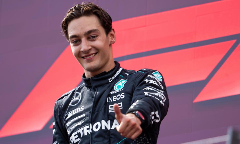 <span>Mercedes’ George Russell celebrates winning last Sunday’s Austrian Grand Prix – he finished just under 2sec ahead of McLaren’s Oscar Piastri.</span><span>Photograph: Anadolu/Getty Images</span>