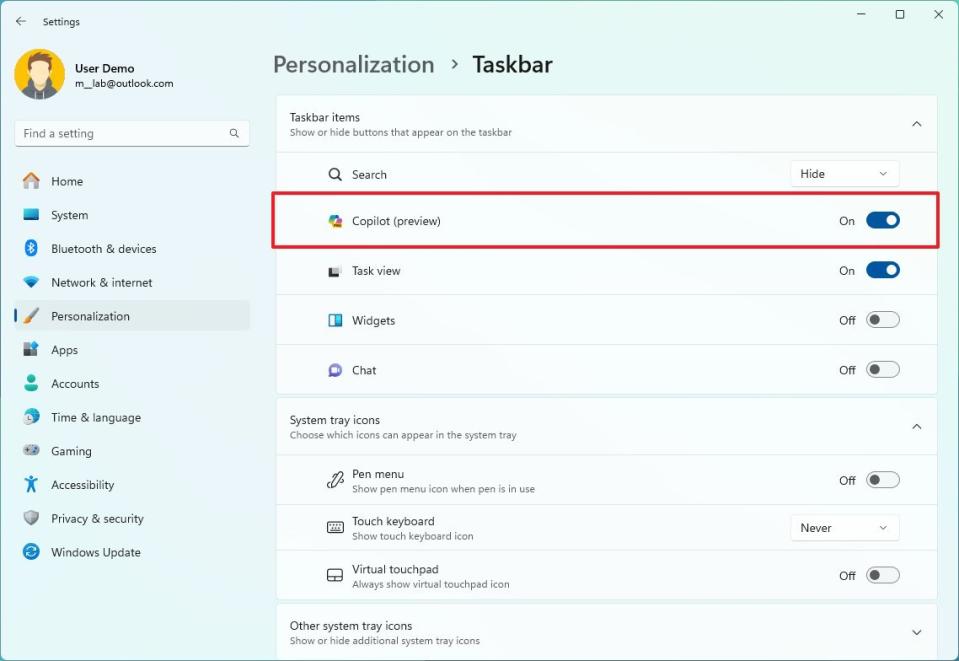 Copilot enable in Taskbar