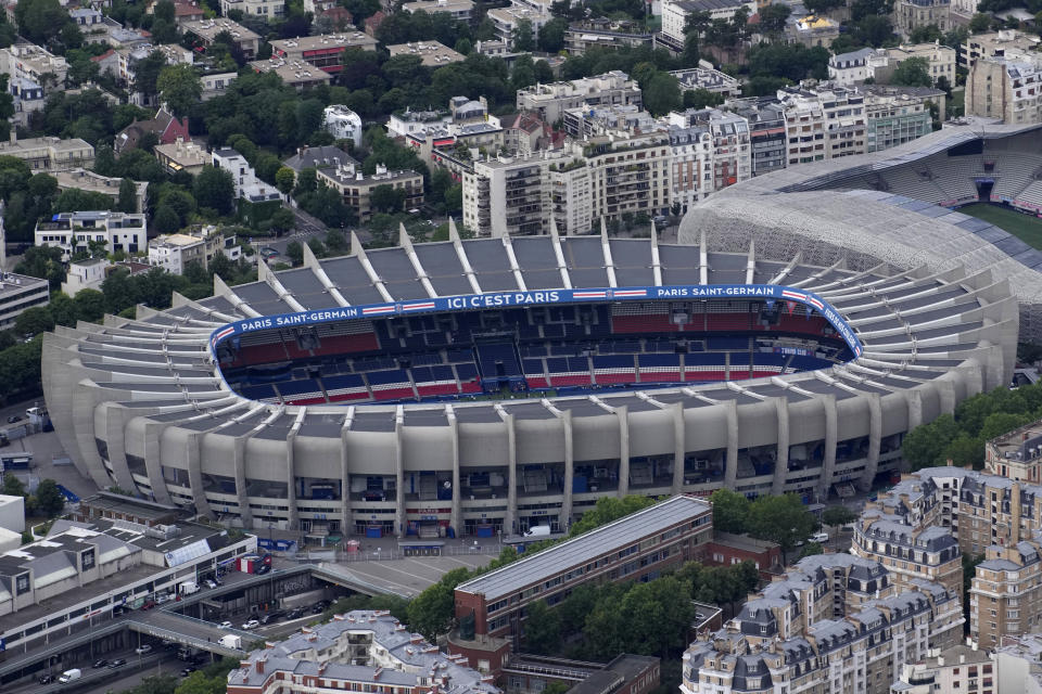 The Parc des Princes stadium is seen in Paris, France, Tuesday, July 11, 2023. The stadium will host the Paris 2024 men and women's soccer competitions. (AP Photo/Christophe Ena)