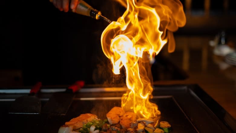 hibachi grill food on fire