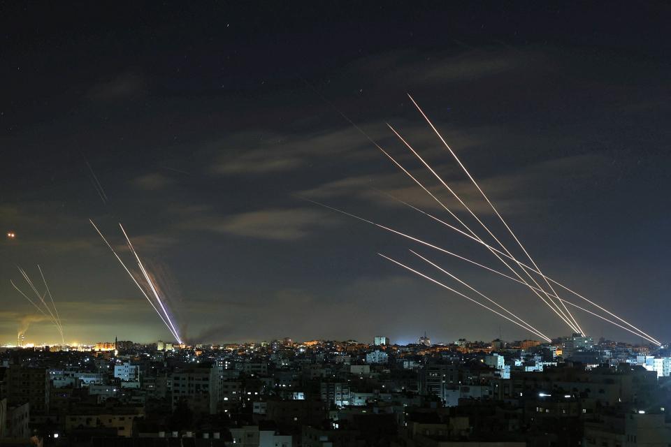 Israel's Iron Dome missile defence system intercepts rockets fired by Hamas on May 16, 2012, in Gaza.