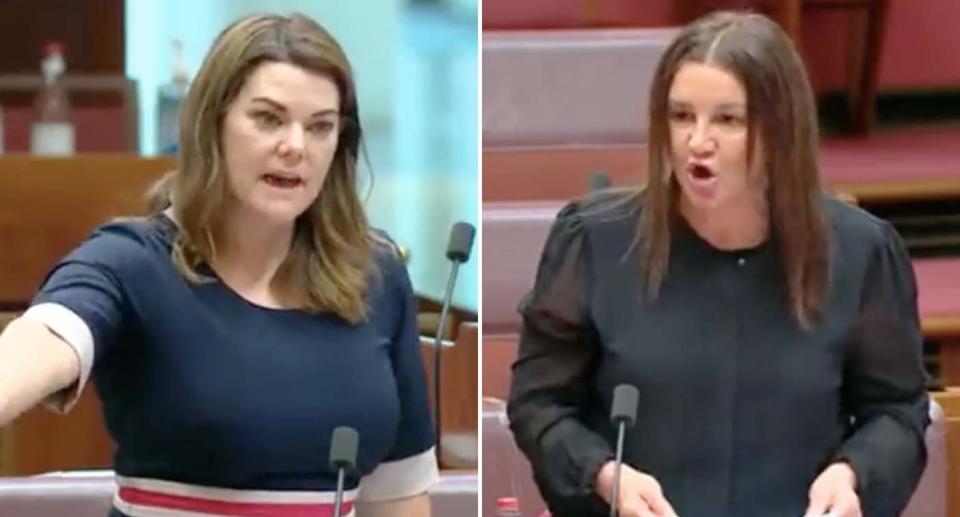 Greens Senator Sarah Hanson-Young is pictured. Also pictured is Senator Jacqui Lambie.