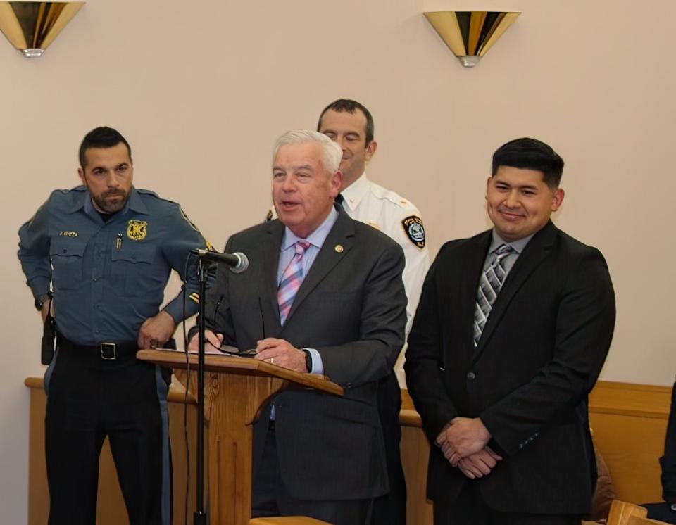 Somerset County Prosecutor John McDonald introduces Christopher Monrroy, a Somerset County Police Scholarship recipient who will join the Watchung Police Department after successfully completing his training at the police academy.