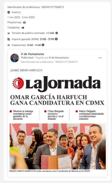 H de Humanismo compartió una portada del medio La Jornada que dice “OMAR GARCÍA HARFUCH GANA CANDIDATURA EN CDMX”, pero no existe ningún registro hemerográfico que compruebe existe esa portada. 
