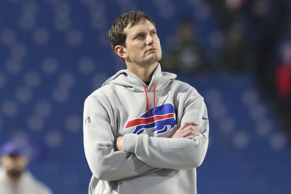 FILE - Buffalo Bills offensive coordinator Ken Dorsey looks on prior to an NFL football game, Oct. 30, 2022, in Orchard Park, N.Y. The Carolina Panthers have requested permission to interview four different NFL offensive coordinators for their head coaching vacancy, including Dorsey, Philadelphia’s Shane Steichen, Detroit’s Ben Johnson and New York Giants’ Mike Kafka, according to a person familiar with the situation. (AP Photo/Bryan Bennett, File)