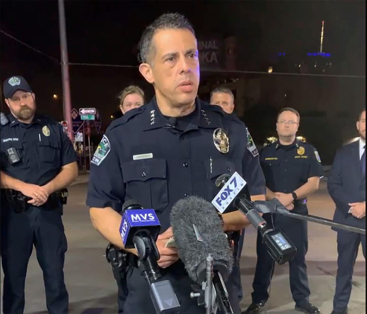 Austin interim police chief Joseph Chacon briefs reporters after a shooting in Austin, Texas (AP)