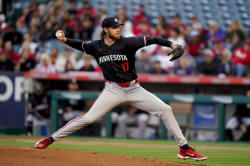 Minnesota Twins starting pitcher Bailey Ober throws during the first inning of a baseball game against the Los Angeles Angels, Friday, April 26, 2024, in Anaheim, Calif. (AP Photo/Ryan Sun)