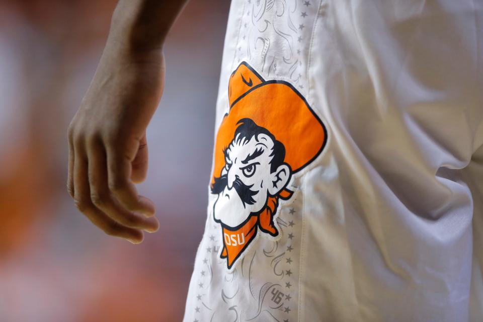 A Pistol Pete logo is seen on an OSU uniform during a men's college basketball game between the Oklahoma State Cowboys (OSU) and UT Arlington at Gallagher-Iba Arena in Stillwater, Okla., Monday, Nov. 7, 2022.