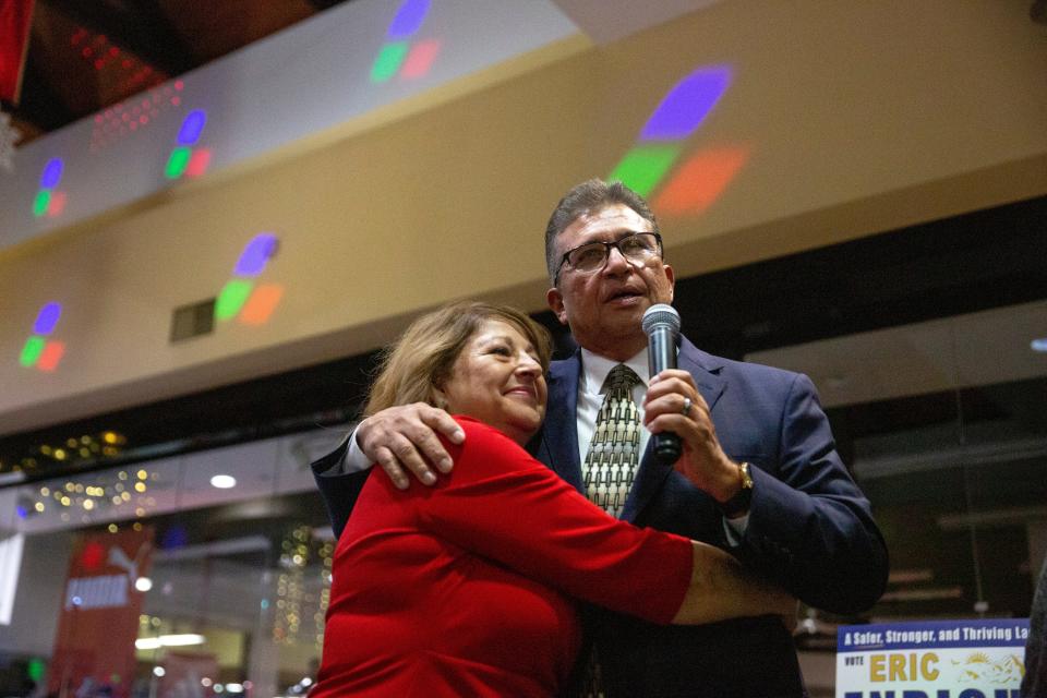 Mayoral candidate Eric Enriquez celebrates his victory during election night on Tuesday, Nov. 8, 2023, at Mesilla Valley Mall.