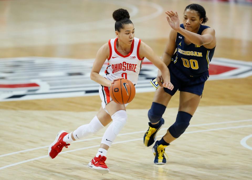 Ohio State guard Madison Greene (0) dribbles around Michigan forward Naz Hillmon (00) during the first quarter at Value City Arena in Columbus on Thursday, Jan. 21, 2021.