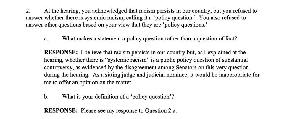 Barrett said the existence of systemic racism is "a public policy question of substantial controversy" rather than affirming that it exists. (Photo: Senate Judiciary Committee)